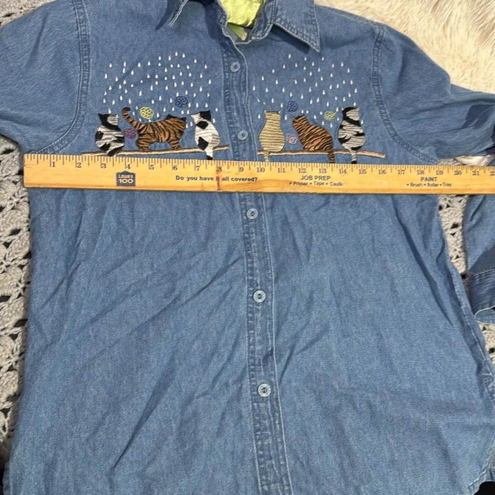 Vintage Blue Cat Embroidered Denim Shirt
